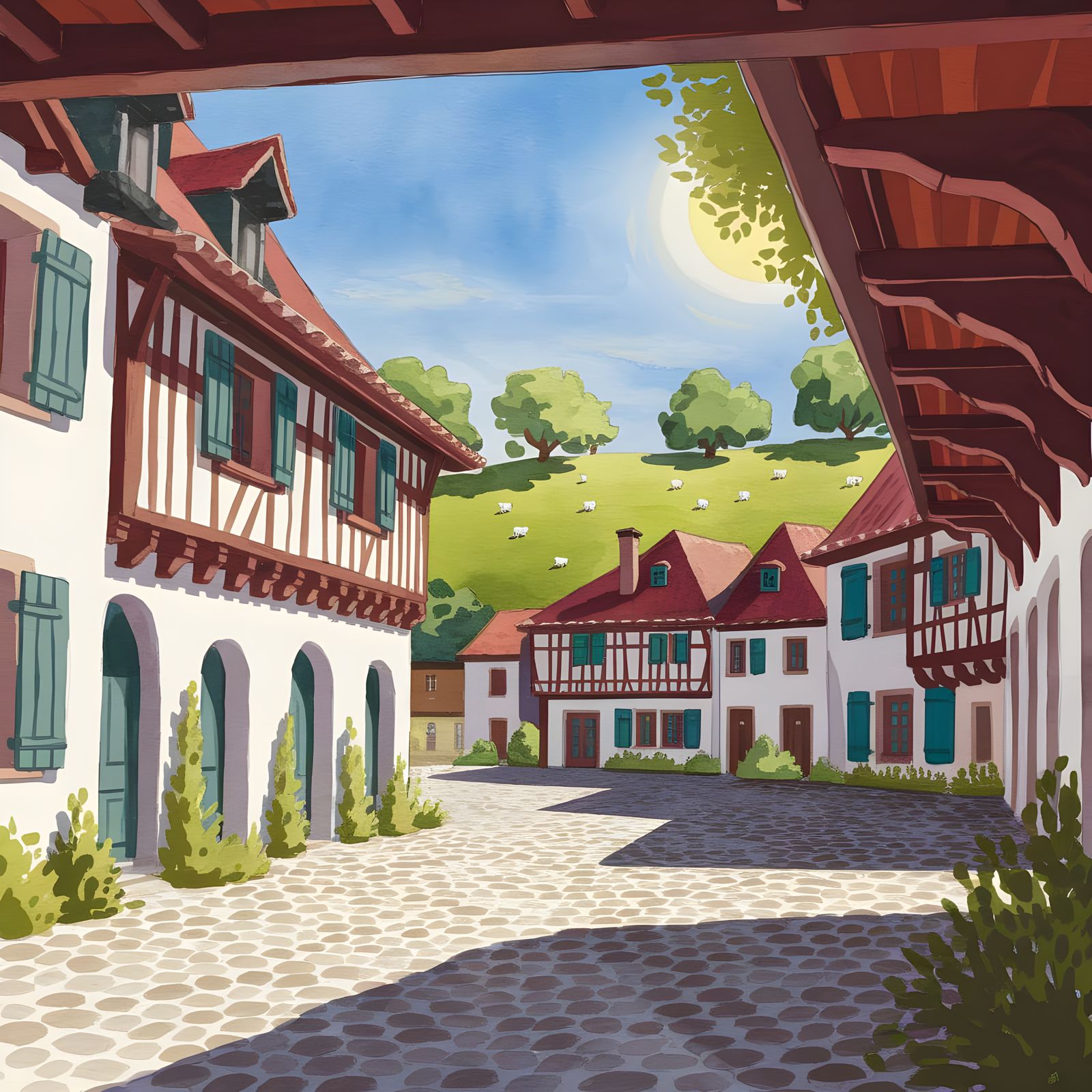 Basque Village Square in Watercolour Painting Style
