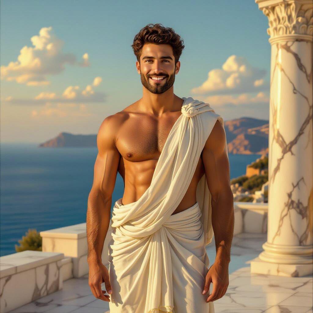 Muscular Greek Man on Terrace as Renaissance Painting