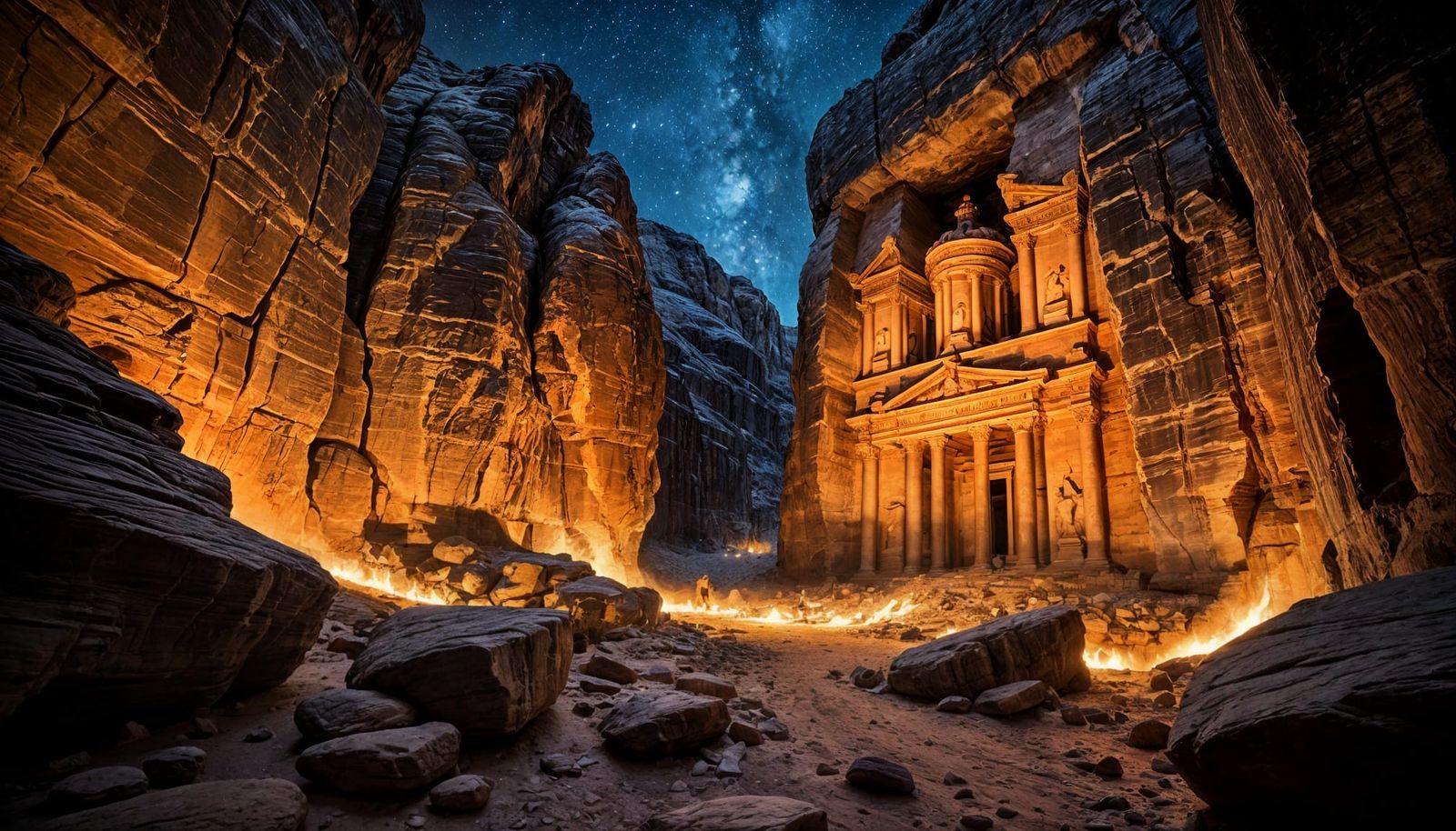 The ancient Treasury of Petra at night