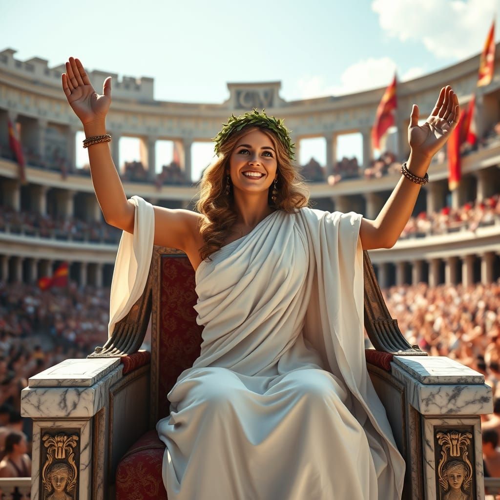 Roman Goddess Enthusiastically Cheering at the Coliseum in C...
