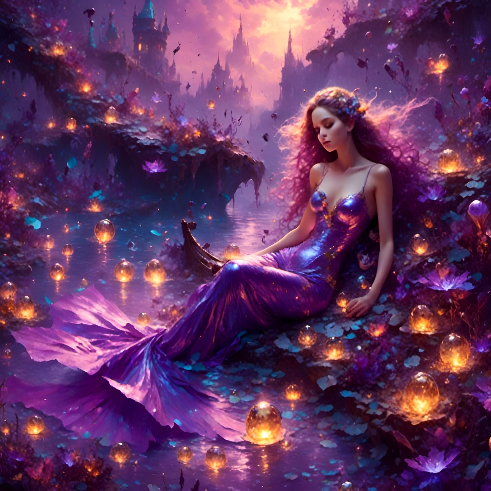 Purple Mermaid Fantasy Swimming Underwater