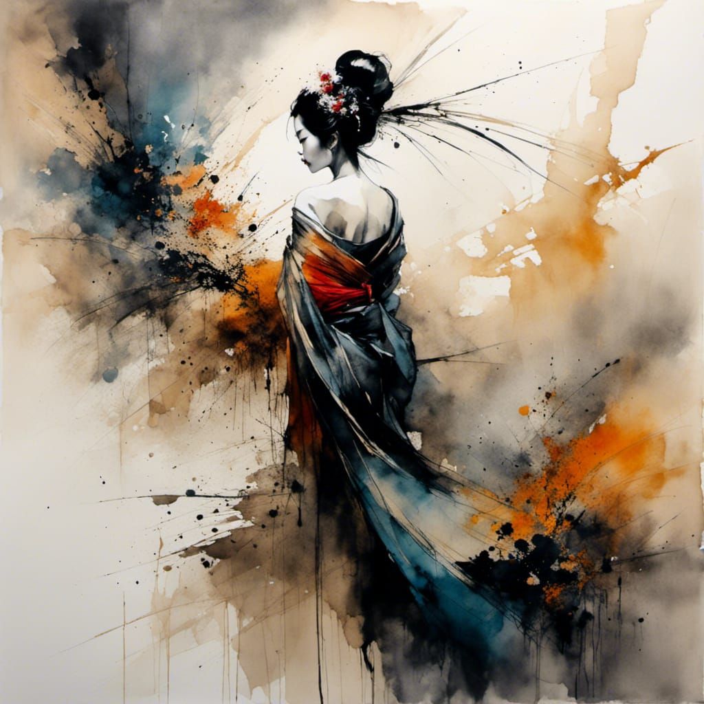 Geisha Dance in Abstract Ink Splash Art