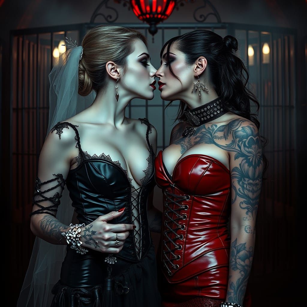 Seductive Vampires Share a Blood-Red Kiss in Dark, Gothic El...