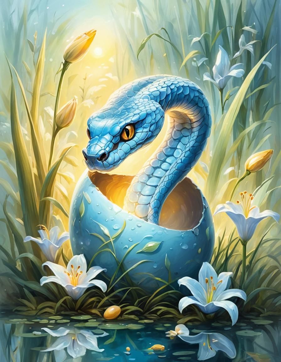 Pastel Cobra Hatching in a Fantasy Landscape
