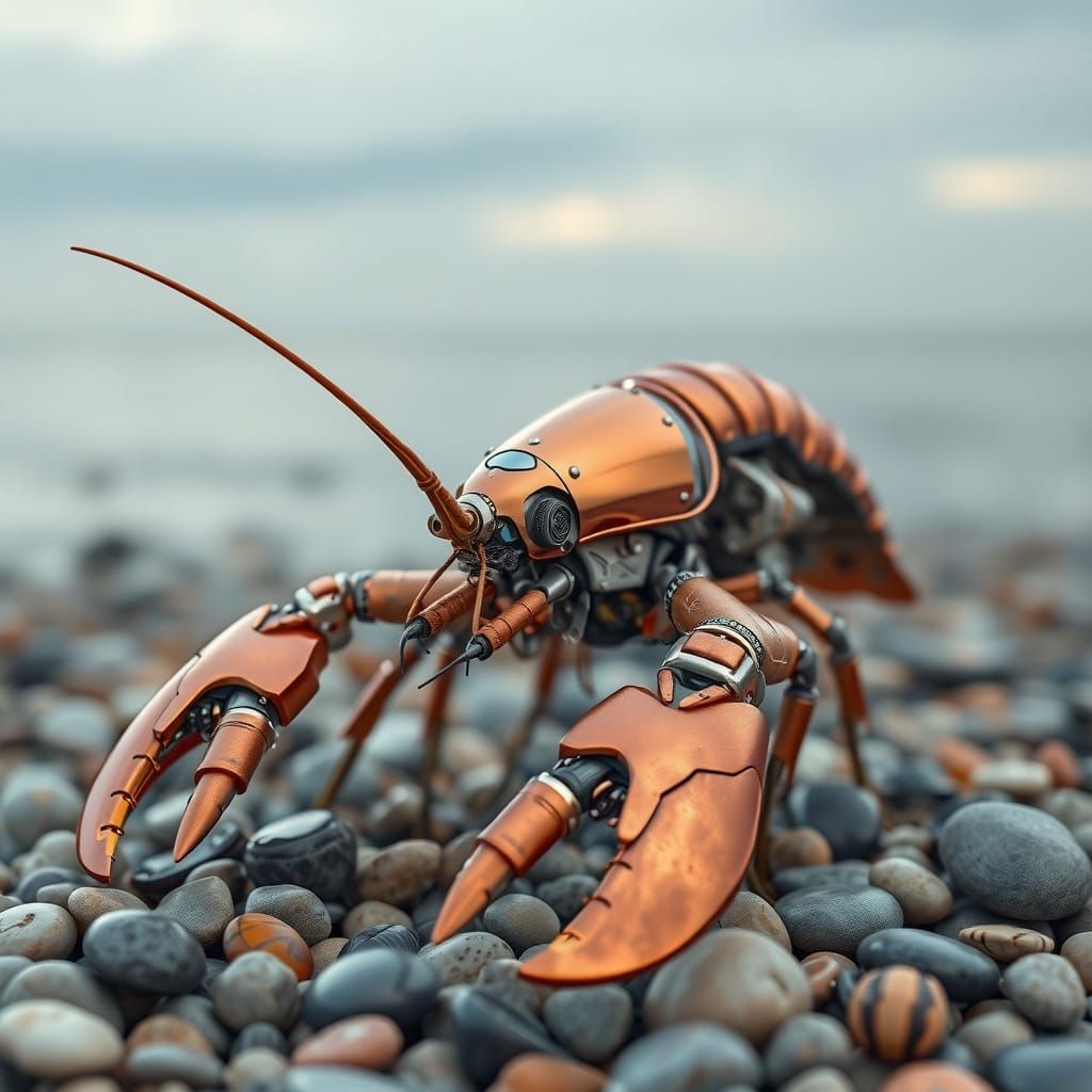 Surreal Copper Lobster Navigates Coastal Shoreline