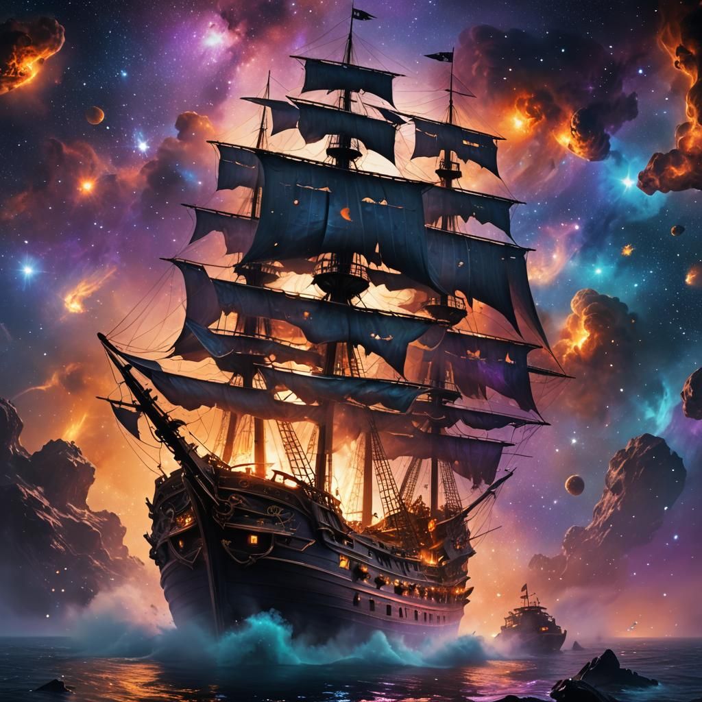Pirate Ship Sailing Through a Cosmic Nebula