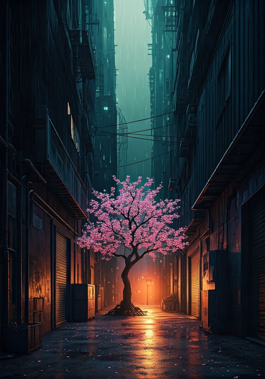 Blossom Tree in Dystopian Cityscape