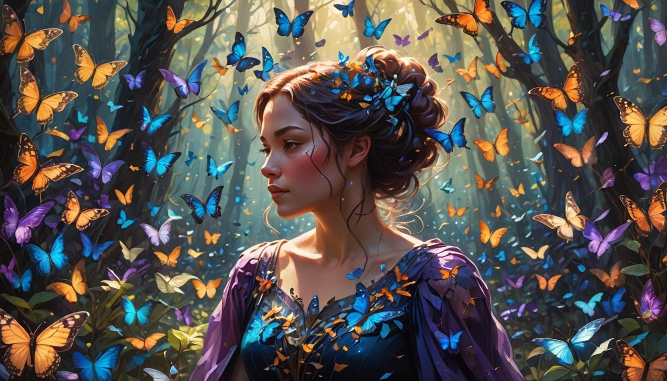 Woman Surrounded by Glowing Butterflies in Art Nouveau Style