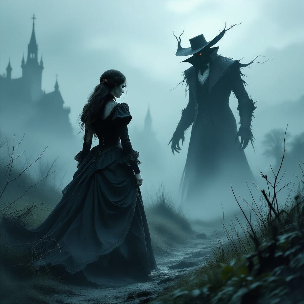 Haunted Woman and Vampire in Gothic Landscape