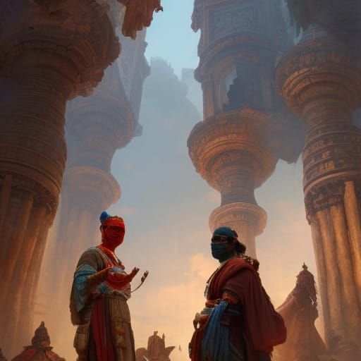 Ancient Doctors in Vibrant Dark Fantasy Art