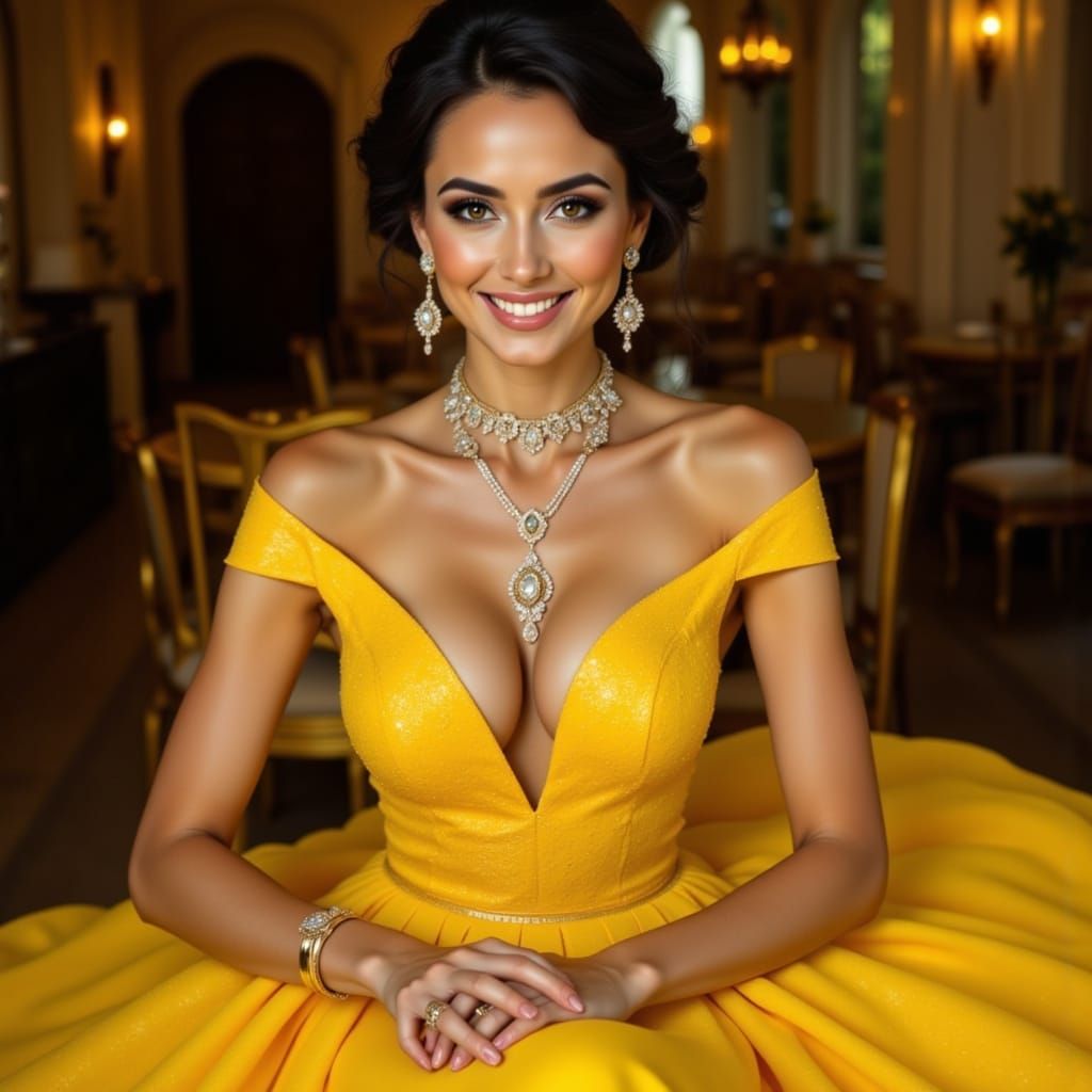 A glamorous woman in a yellow shimmering gown, wearing a dia...