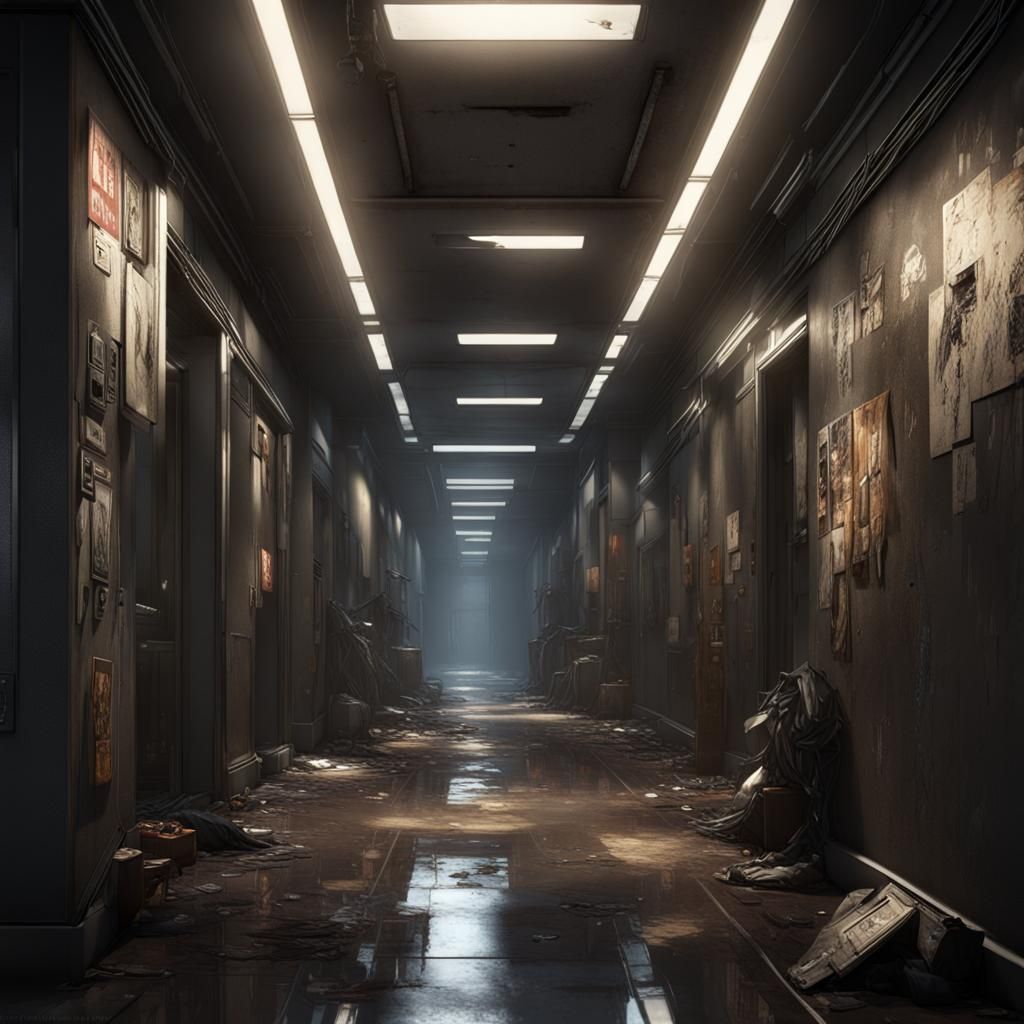 interior hall of apartment building, dark intersecting hallway, dim broken intermittent lighting, urban, dystopian, neo...