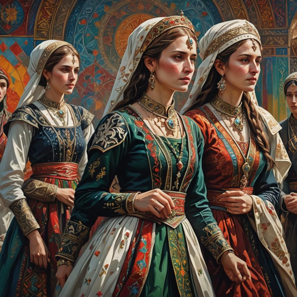 Circassian Women in Traditional Dress: Hyperrealistic Art