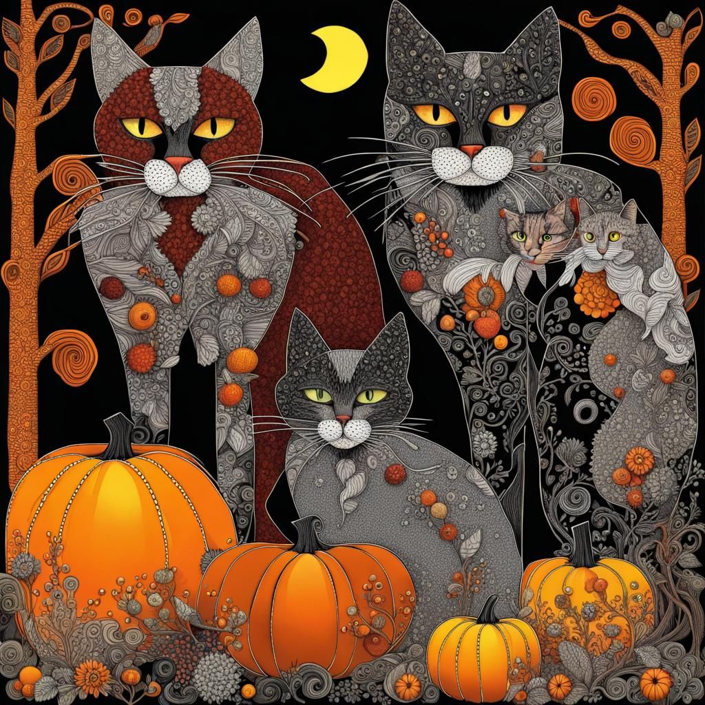 Halloween Cat Family in Zentangle Pointillism Style