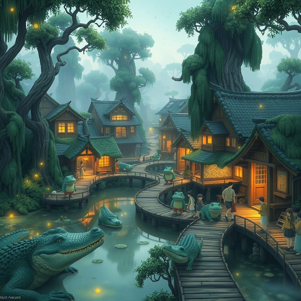 Anime Village in Swamp with Crocodile People
