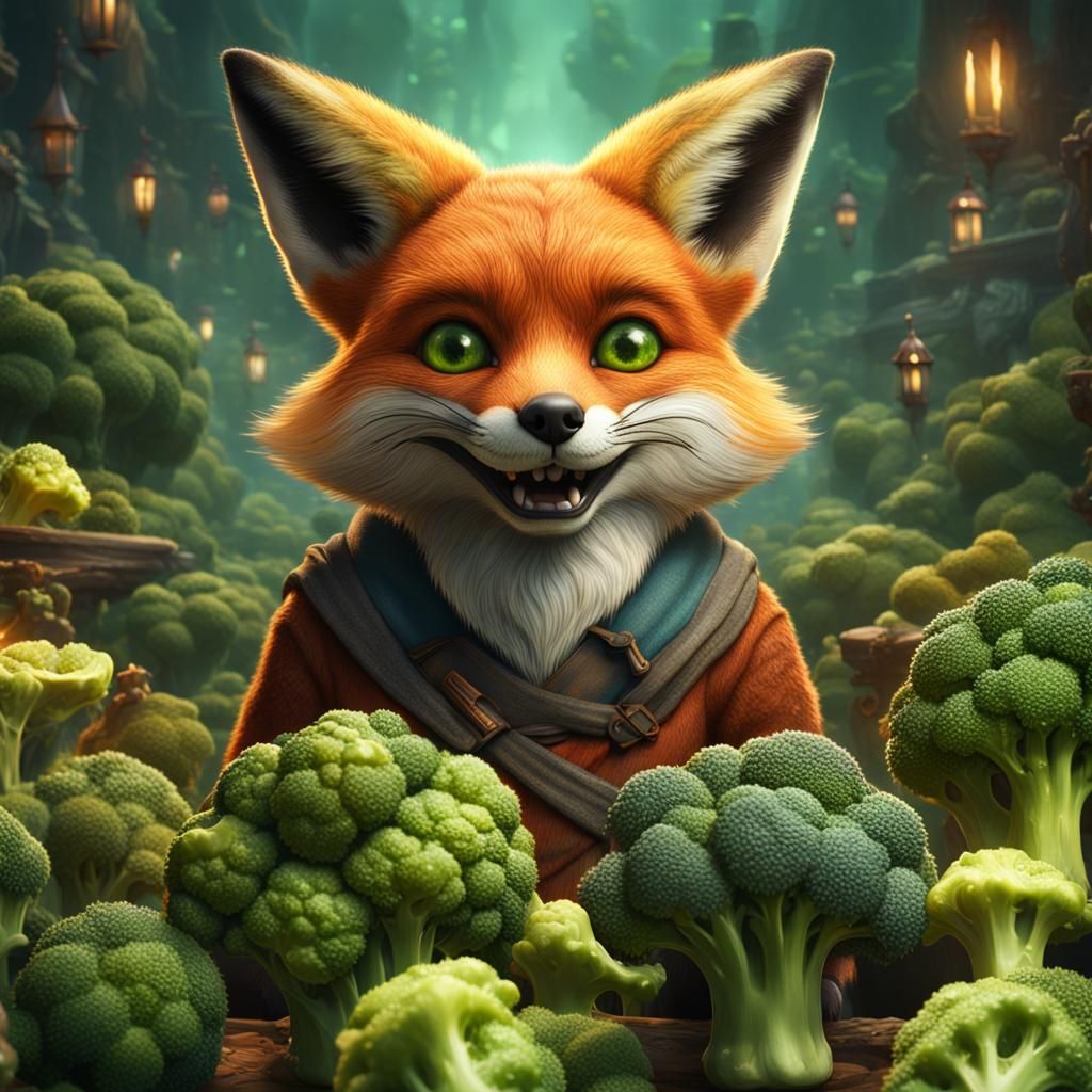 Fox eating broccoli gross face,  big eyes, detailed matte pa...