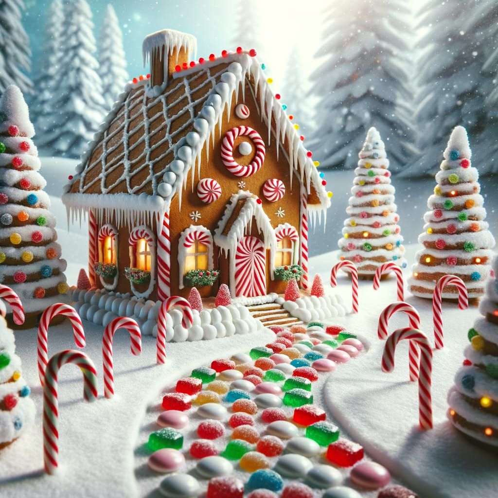 Gingerbread House in Vibrant Winter Wonderland Scene