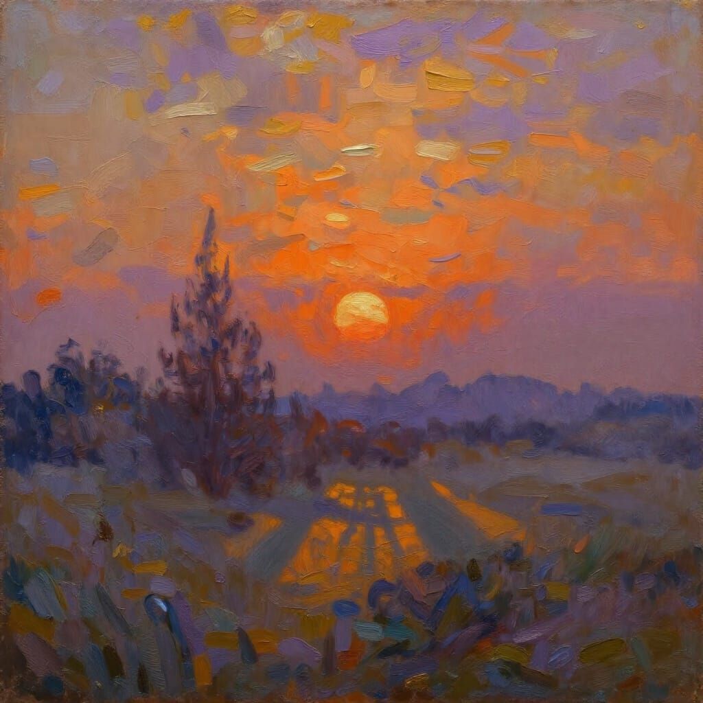 Elegant Dusk Landscape Oil Painting with Visible Brushstroke...