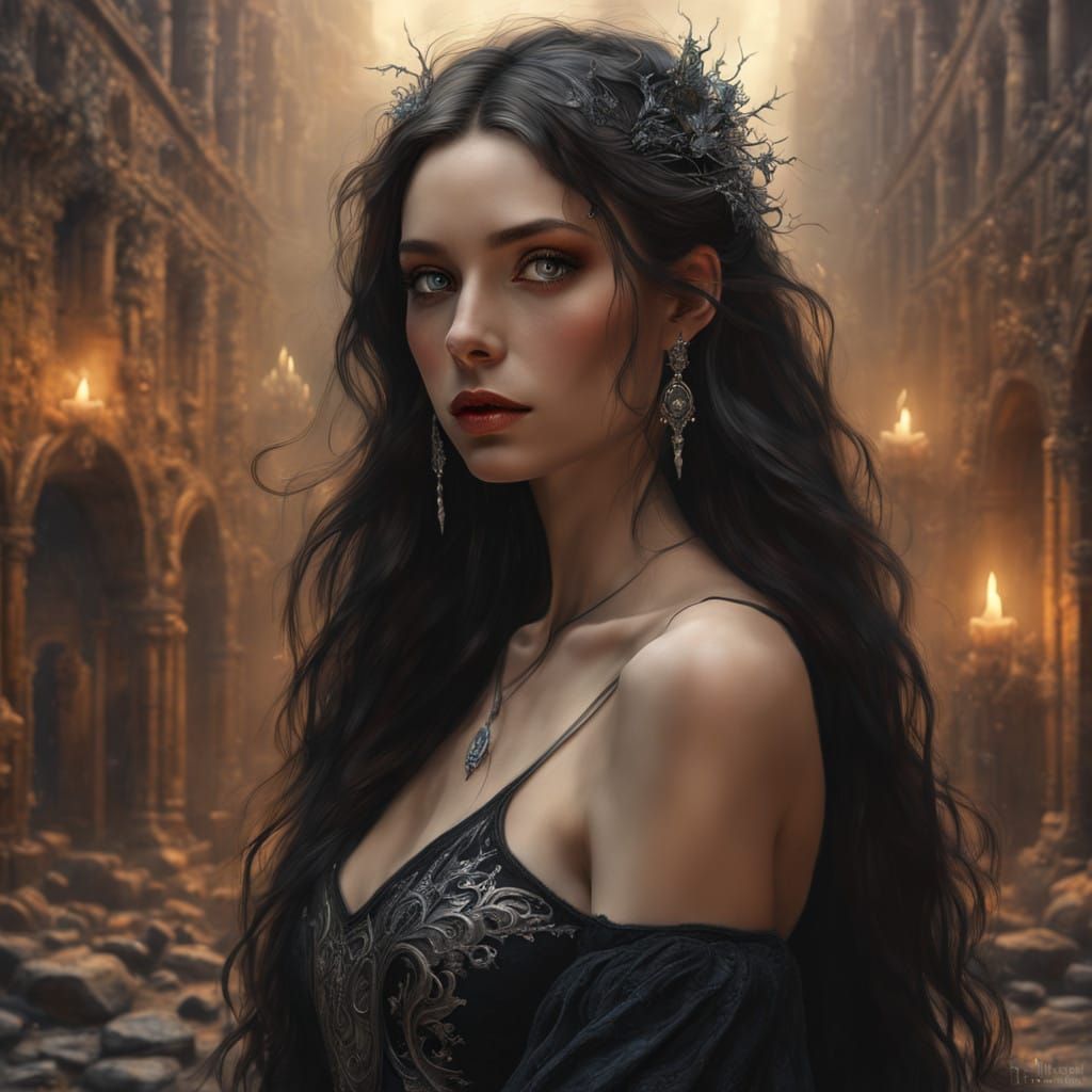 Mystical Sorceress Amidst Ancient Arcane Ruins