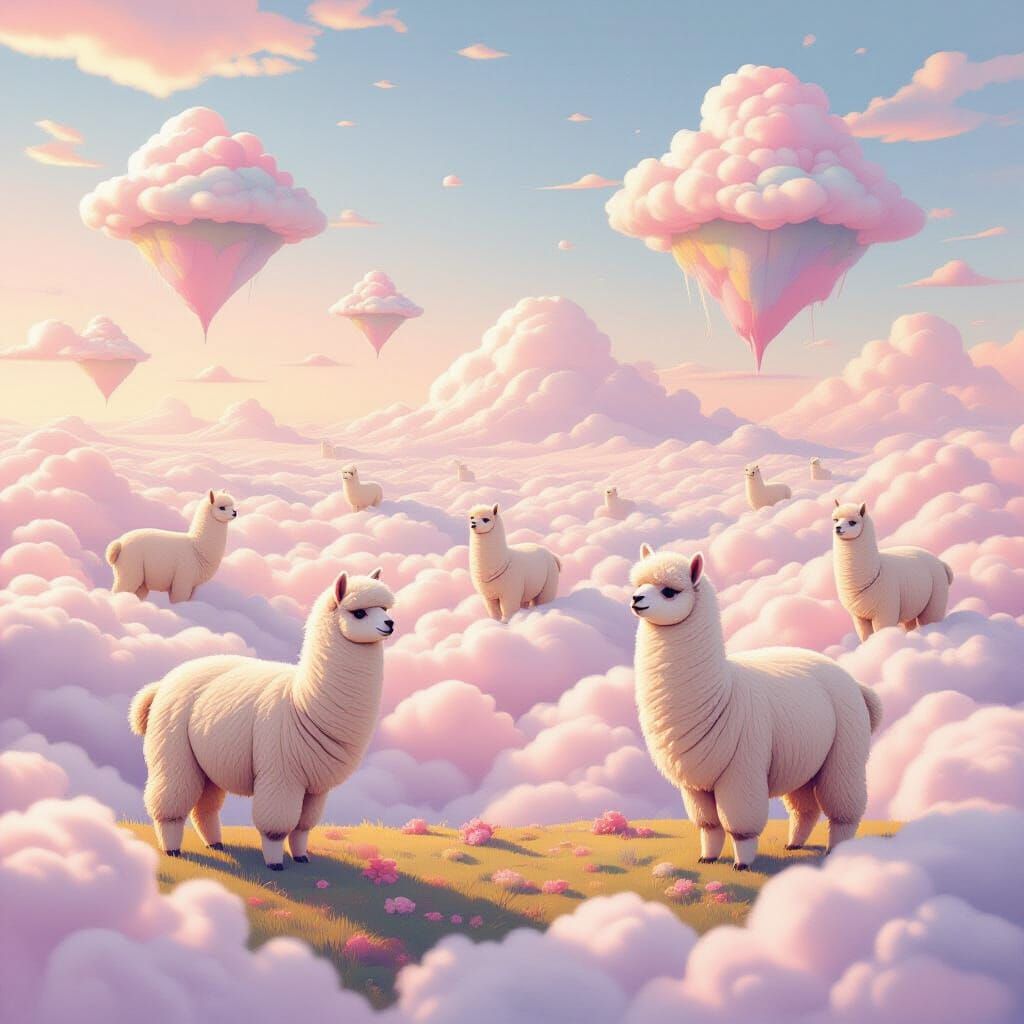 Giant Fluffy Alpacas Grazing on Cotton Candy Clouds