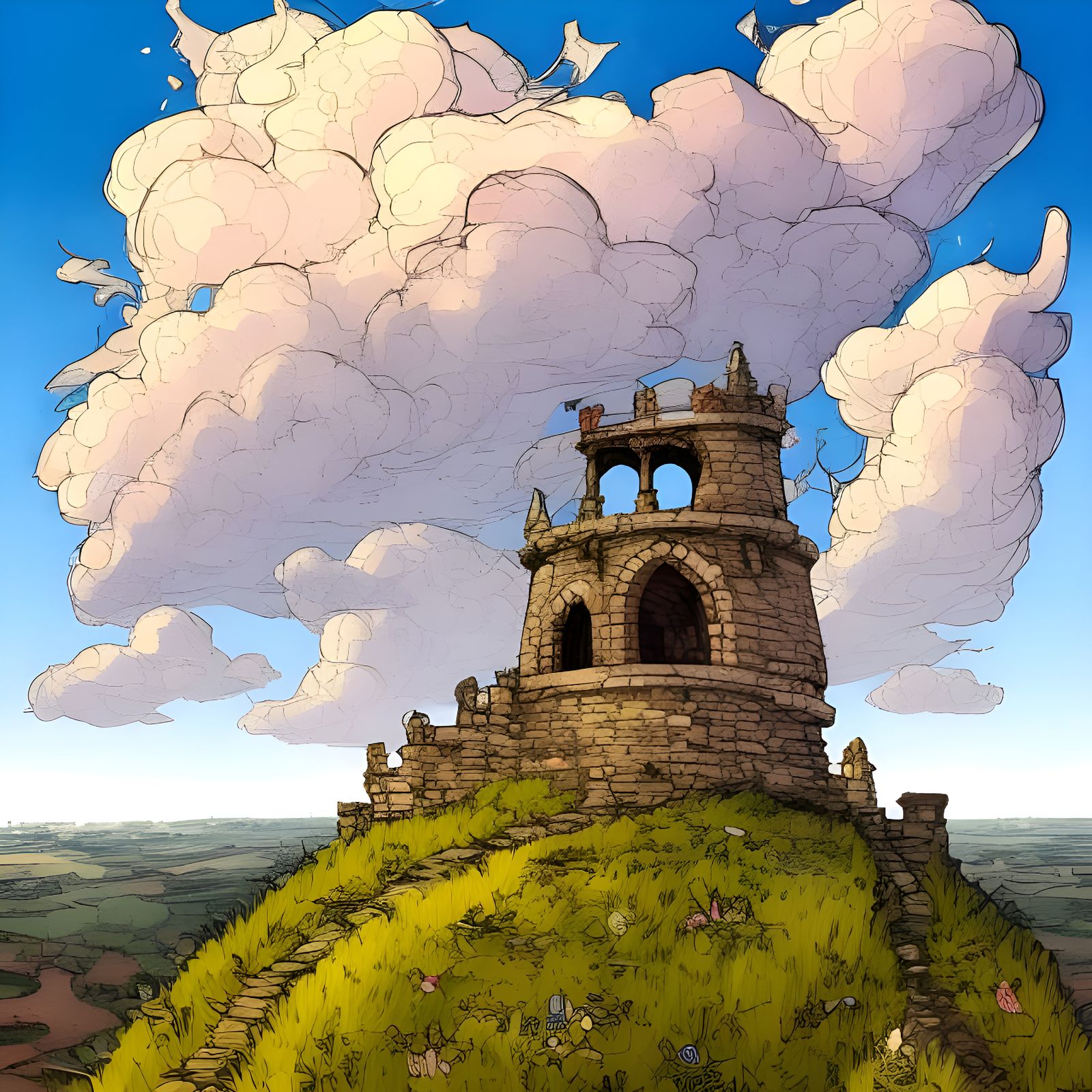 Medieval Watchtower Overlooking Wheat Fields in Watercolor