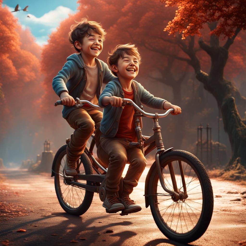 Joyful Boys on Bicycle in Detailed Matte Painting