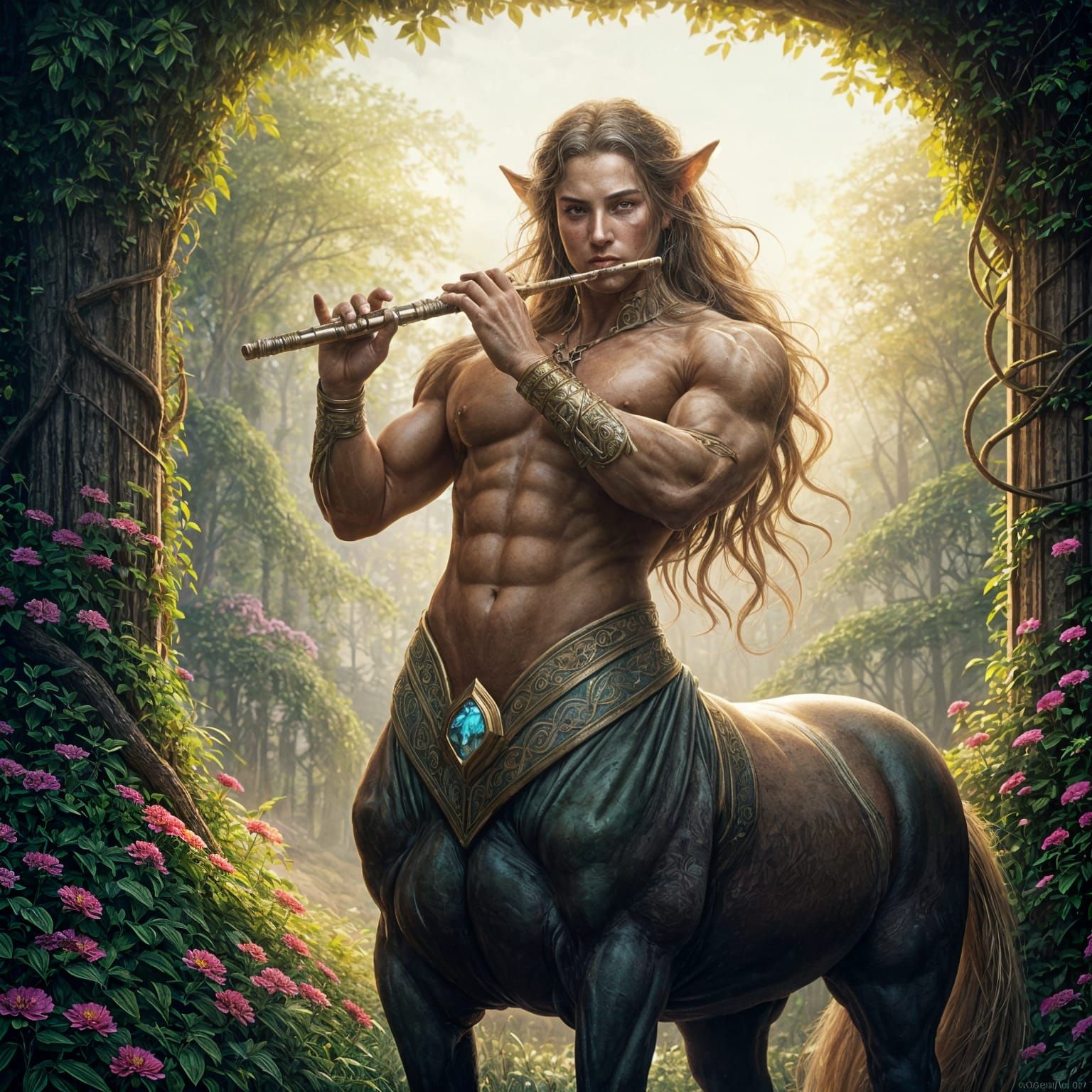 Centaur Flute Player in Ethereal Garden, Hyperdetailed
