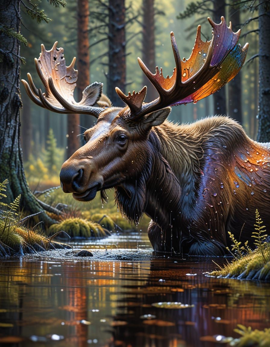 Moose in Forest Clearing: Hyperrealistic Wildlife Art