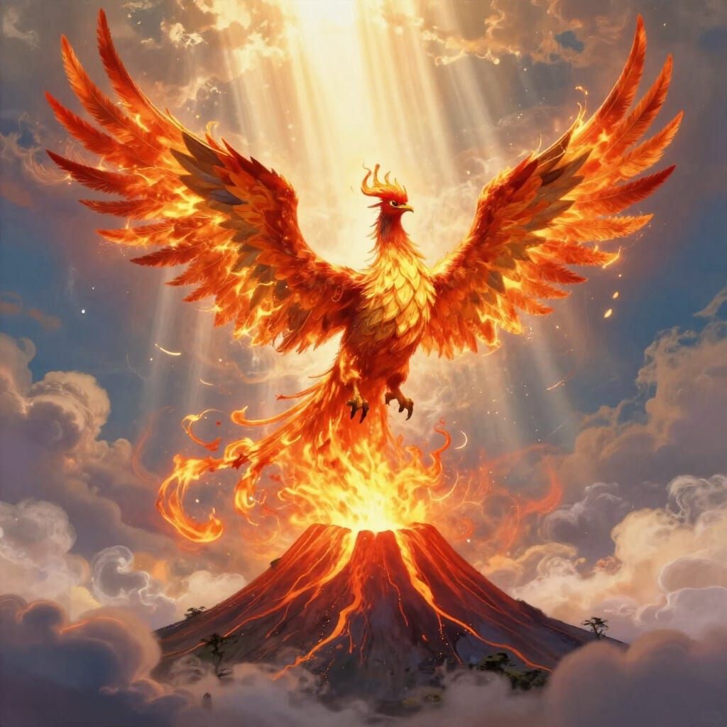 Phoenix Rises From Volcano in Epic Fantasy Art