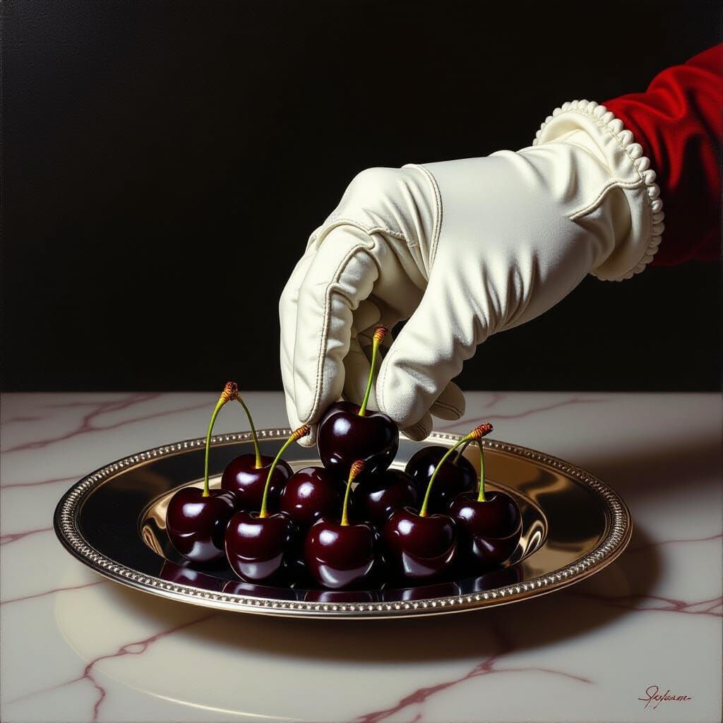 Gloved Hand Picking Cherry in Old Master Style