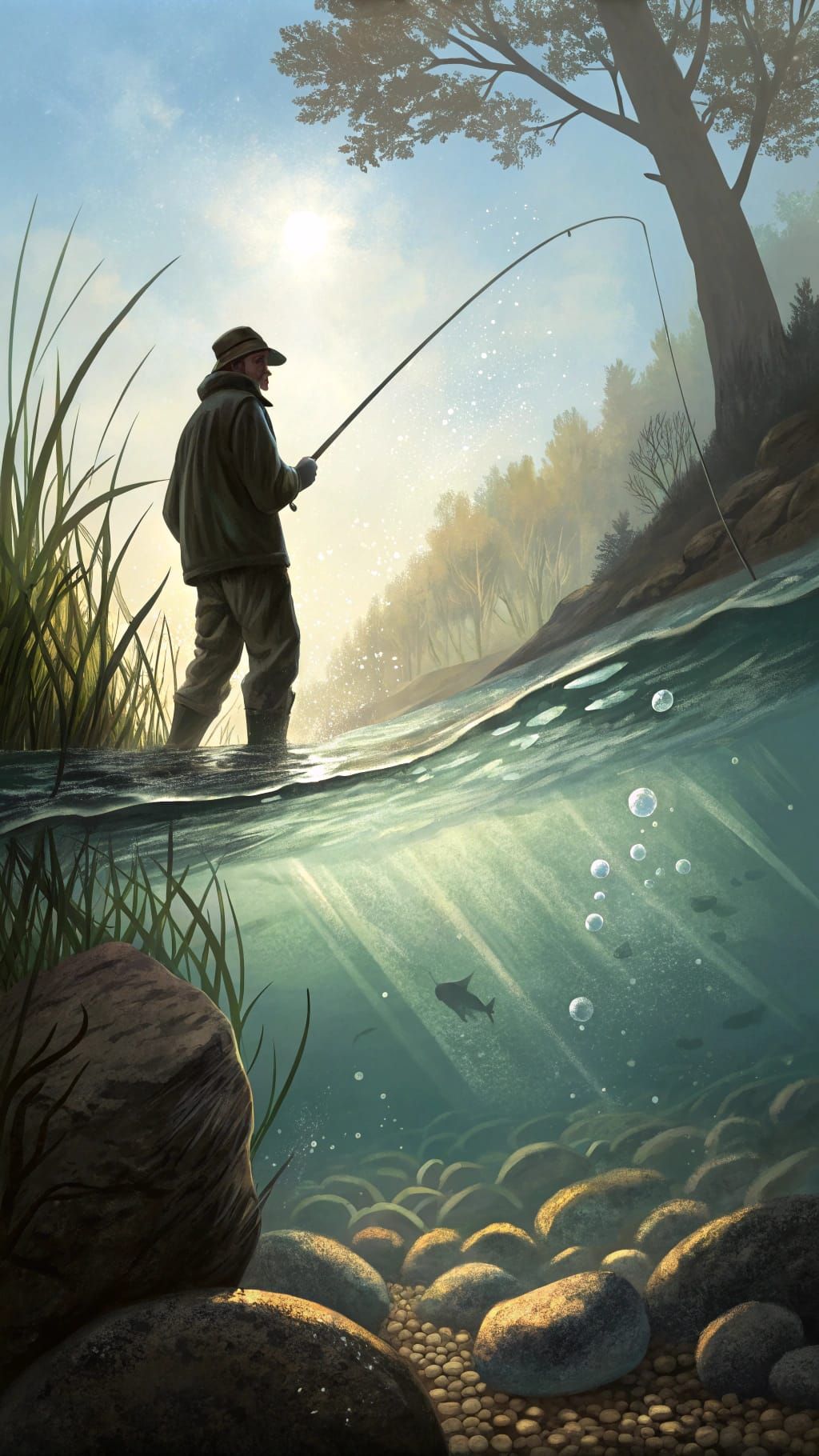 Riverbank from a Salmon's Perspective, in Watercolor Style