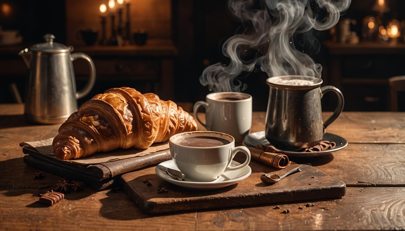 Hyper-Realistic Croissant and Hot Chocolate Still Life
