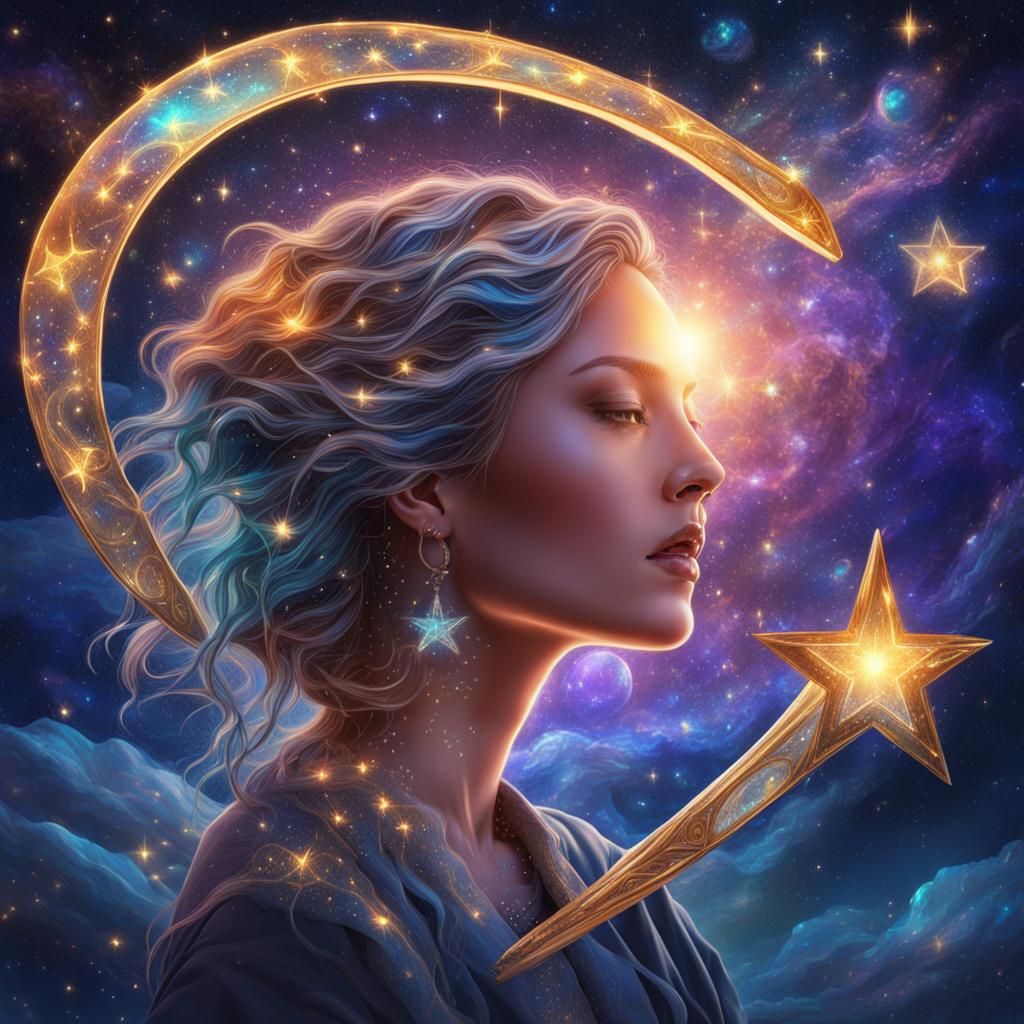 Woman Wishes on Star in Cosmic Illustration
