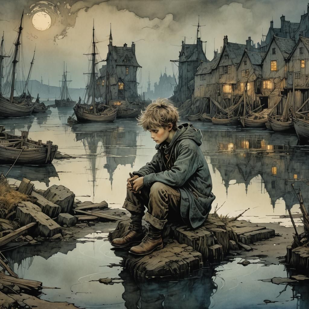 Boy Fishing at Harbor, Arthur Rackham Style
