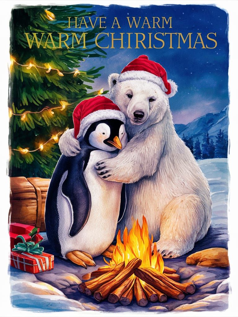 Penguin and Polar Bear Christmas Card Illustration