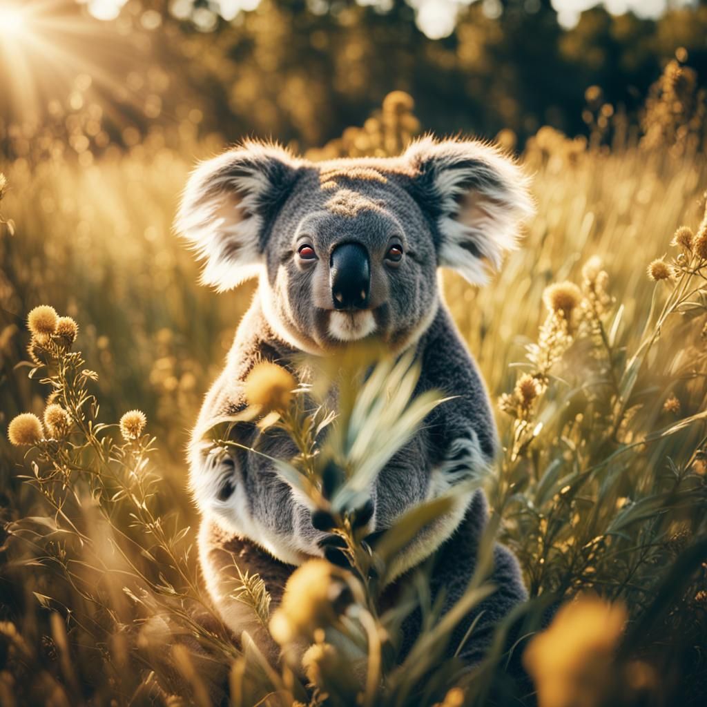 Cute Koala in Sunny Meadow: Cinematic Film Still