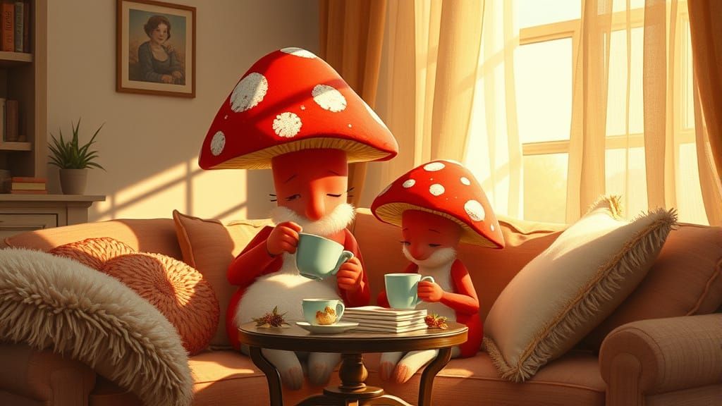 Mushroom Friend Sips Tea in Cozy Living Room