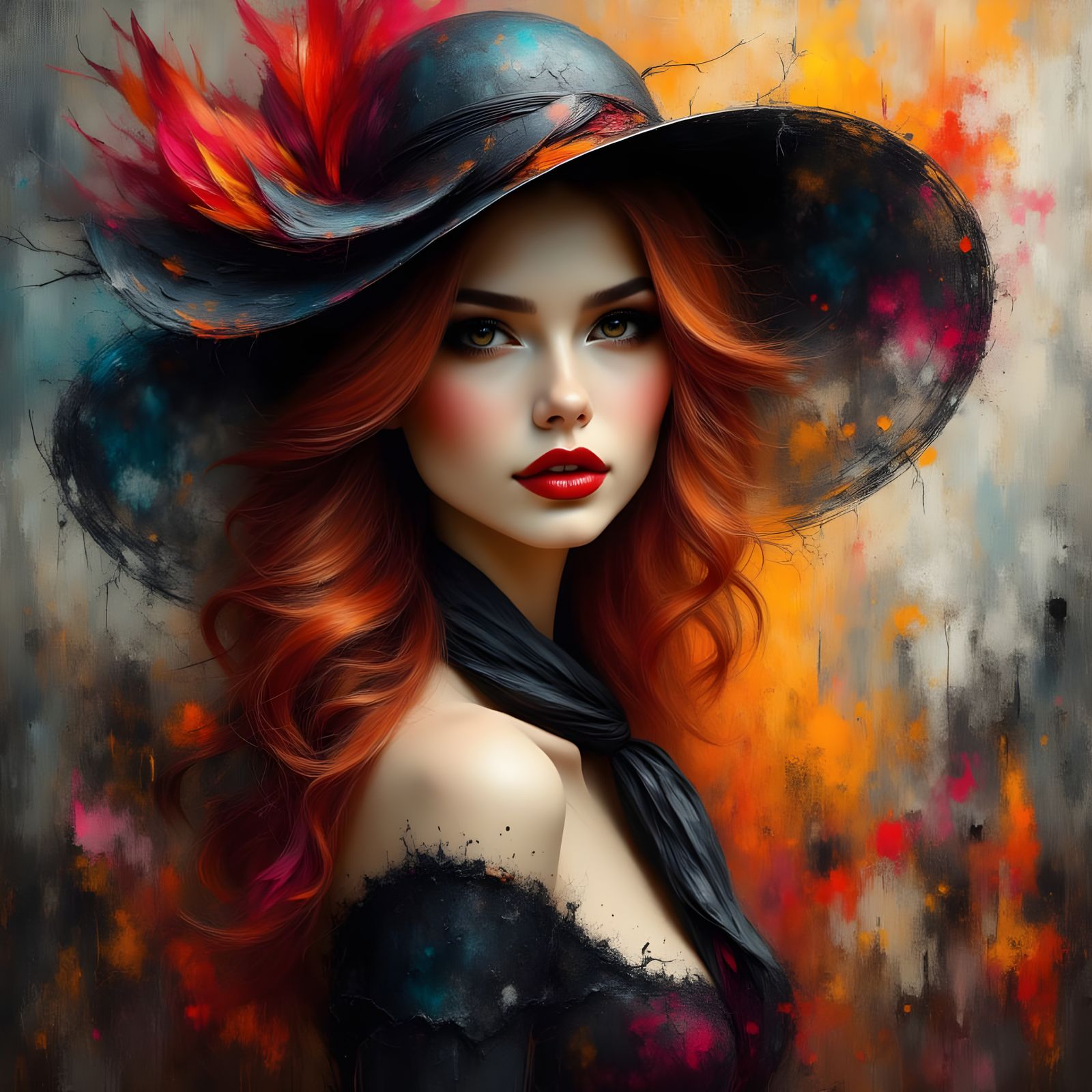 Mesmerizing Woman with Fiery Hair in Textured Impasto Style