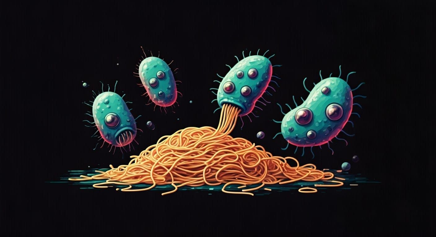 Colorful Ink Poster of Amoebas Eating Spaghetti