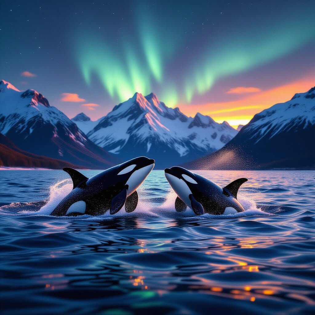 Orcas Breach Glowing Ocean at Golden Hour in Hyper-Realistic...