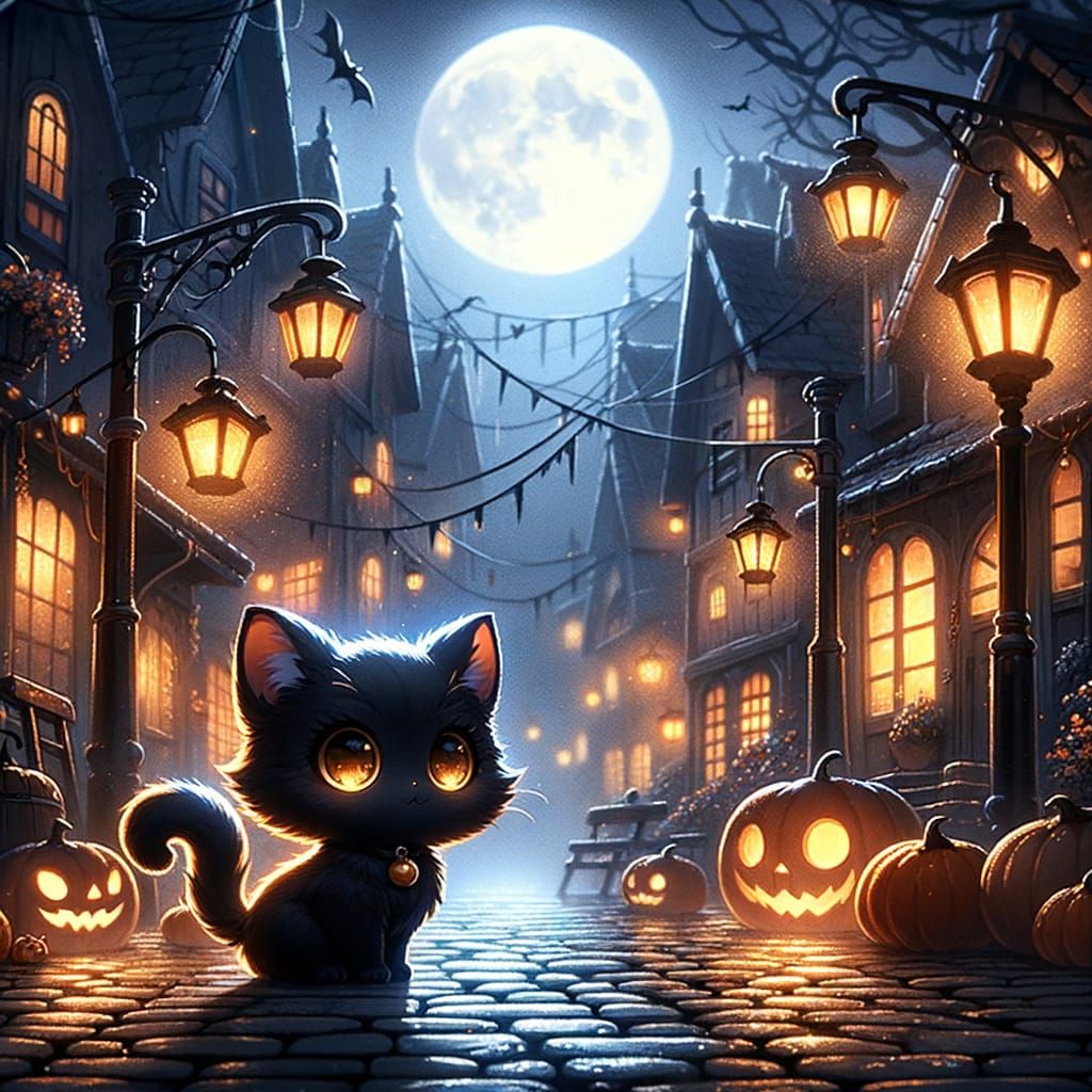 Chibi Black Cat in Moonlit Ghostly Town