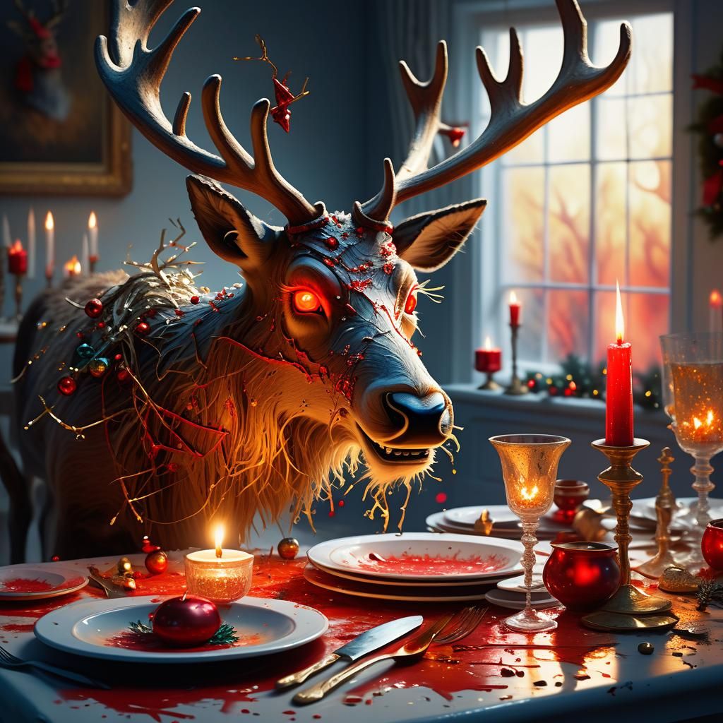 Dark Whimsy Christmas Reindeer Chaos in Tim Burton-Esque Oil...