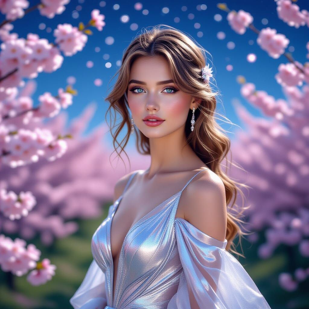 Woman with Rose Gold Hair in Cherry Blossom Field