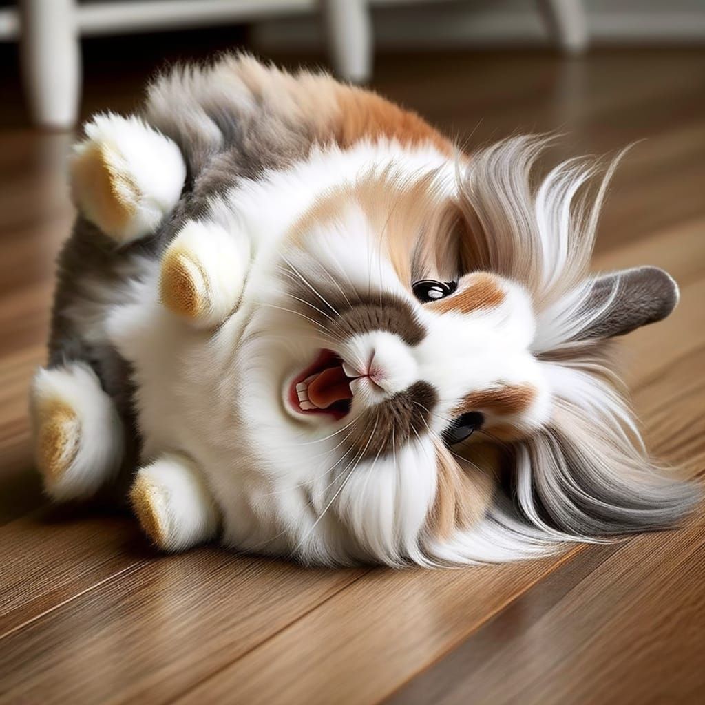 Giggling Angora Rabbit Tumbling on Hardwood Floor