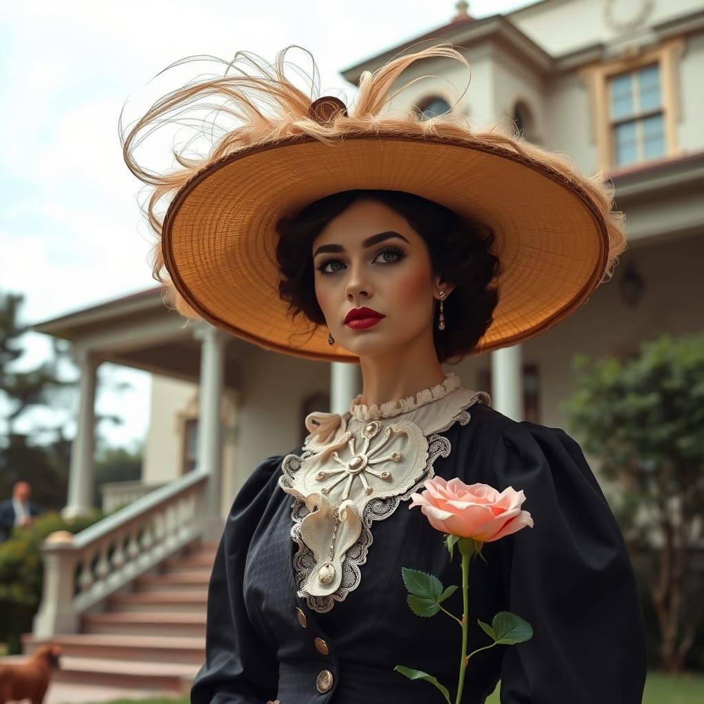 Elegant Lady in Antebellum Style with Rosy Bouquet