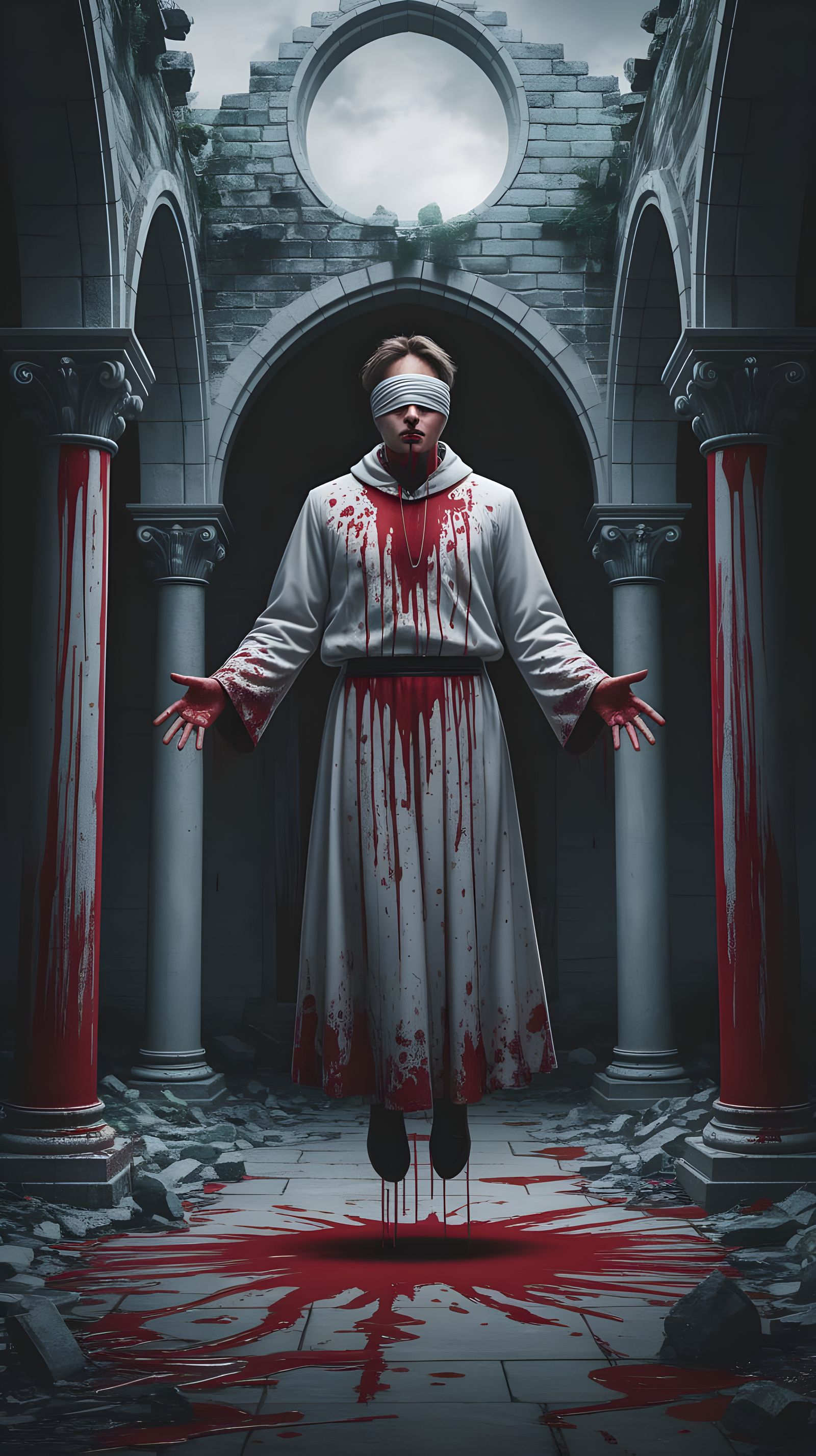 Bloody Blindfolded Priest Levitating in Ruined Chapel