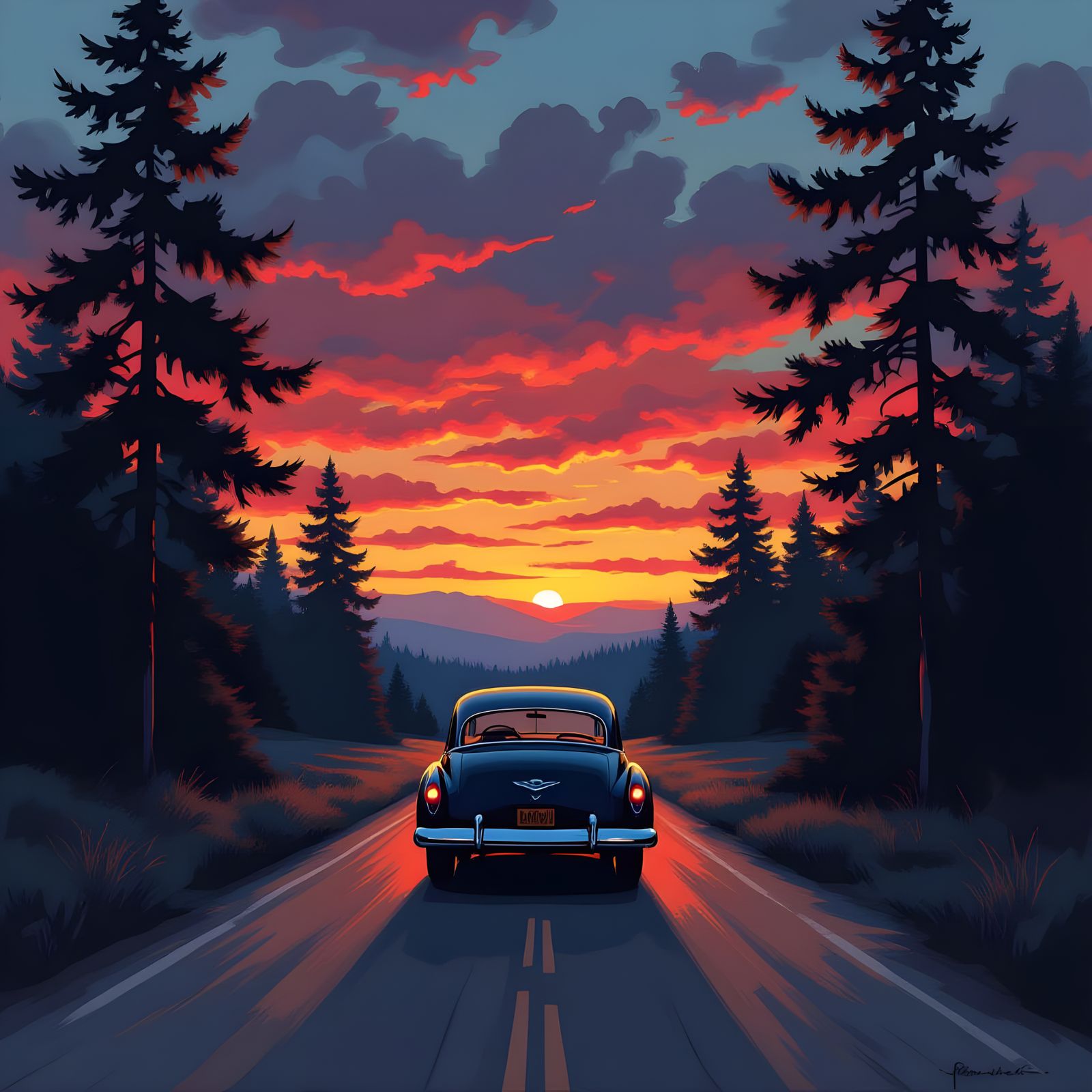 Vintage Car Drives into Sunset on a Long Road