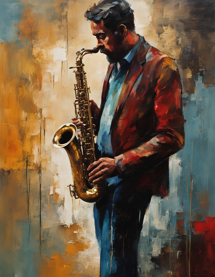 Man Plays Saxophone with Emotional Intensity in Rustic Oil P...