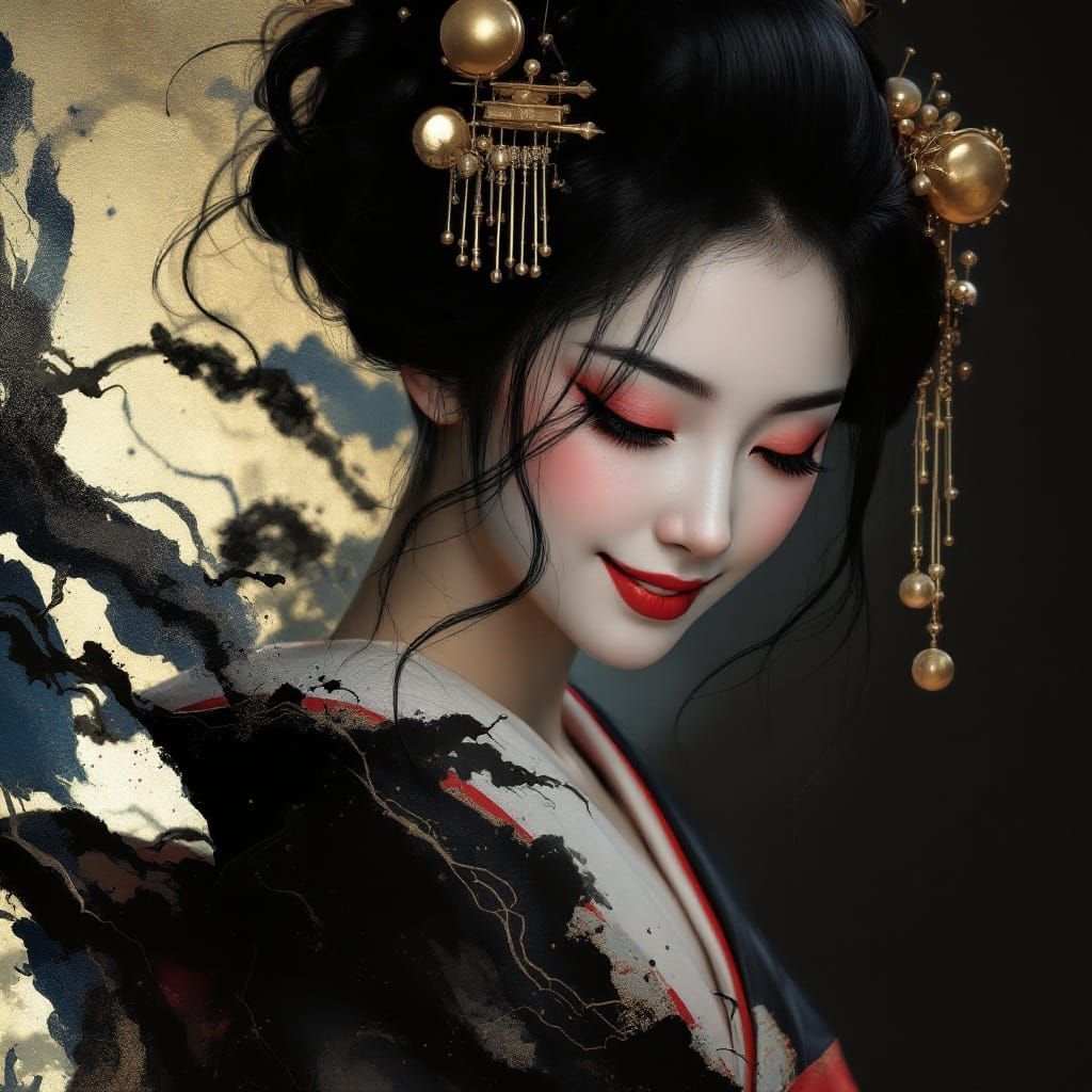 A Serene Geisha in Elegant Darkness