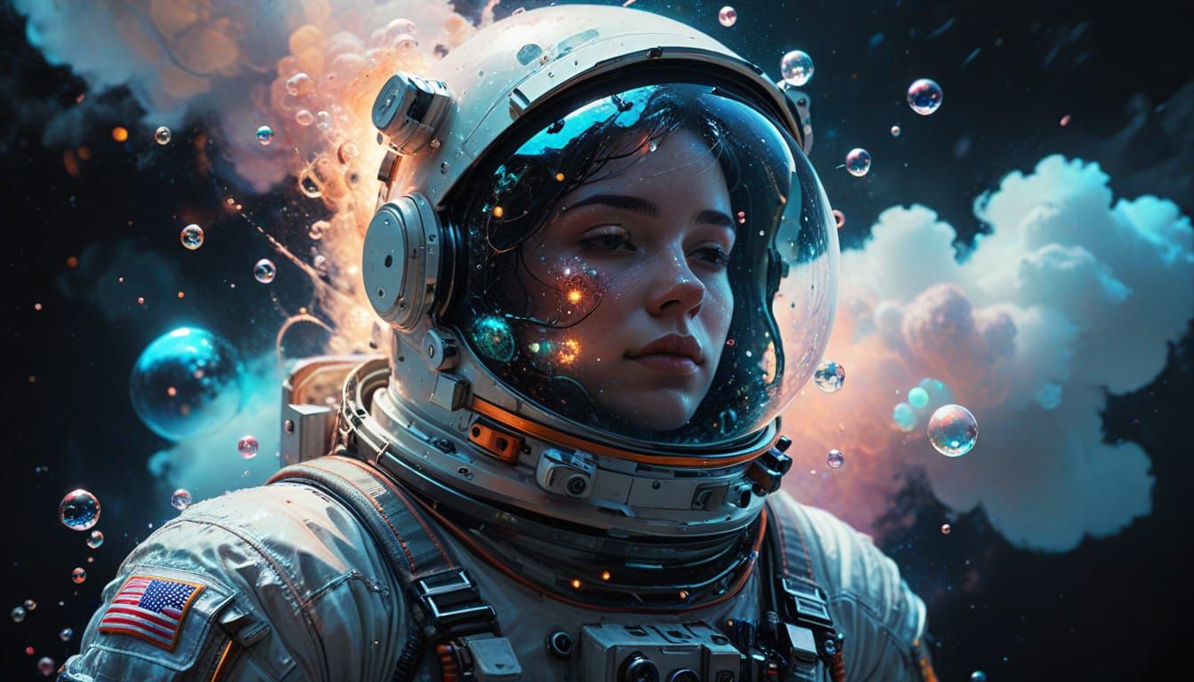 Glowing Astronaut Dances Among Celestial Clouds